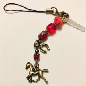 Bronze Horse Phone Charm w Red Beads, Dust Plug,